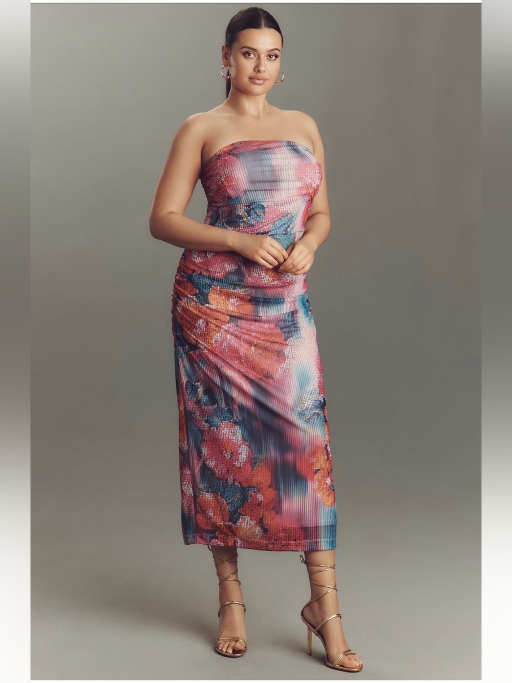 Anthropologie Feminine Strapless Ruched Mesh Maxi Dress Pink Multi NWT XL Sexy